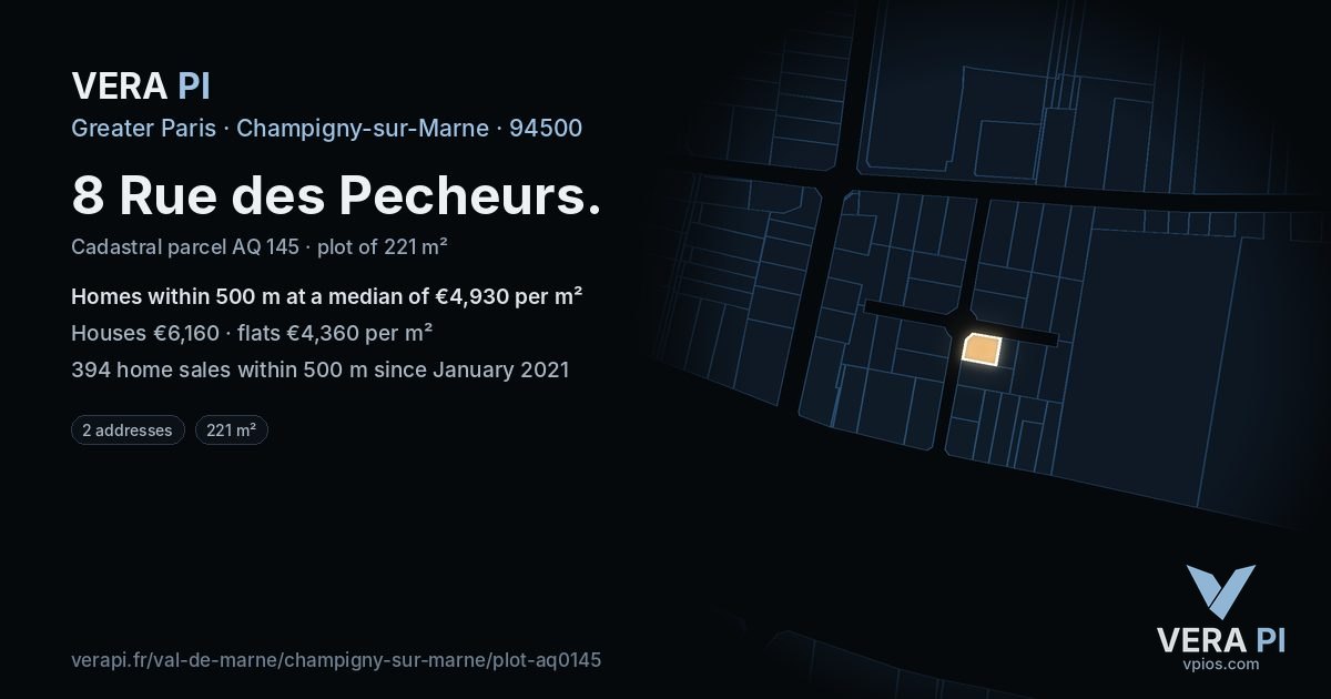 8 Rue des Pecheurs, Champigny-sur-Marne at night – the plot lit, the parcels around coloured by the prices near them