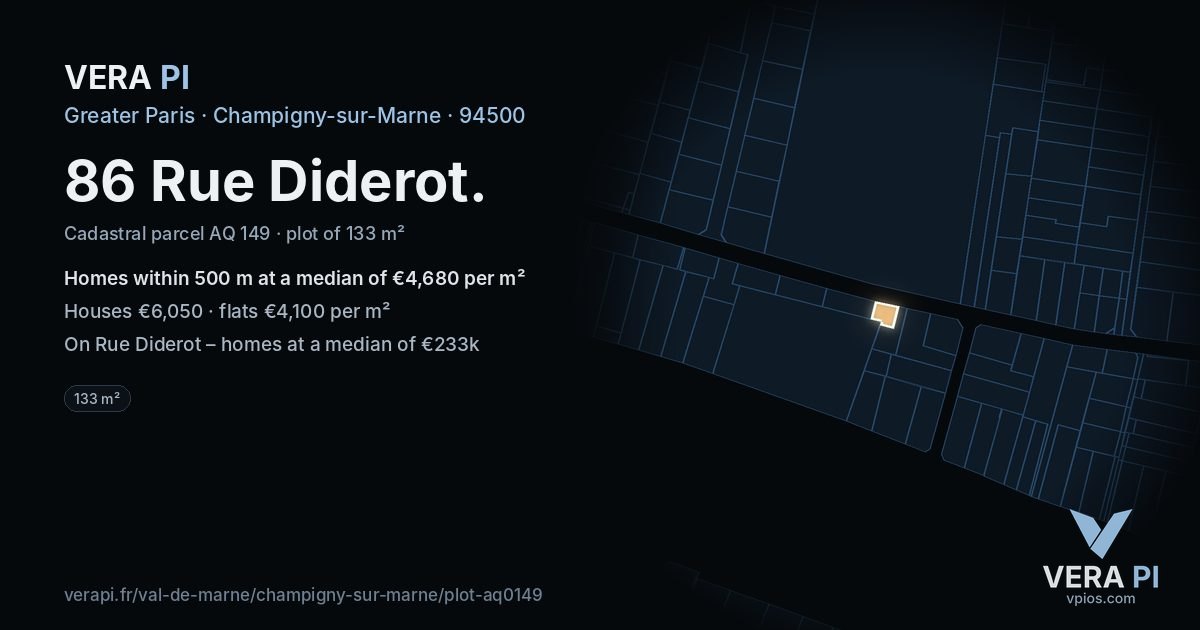 86 Rue Diderot, Champigny-sur-Marne at night – the plot lit, the parcels around coloured by the prices near them