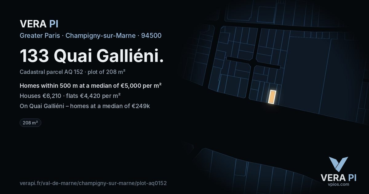 133 Quai Galliéni, Champigny-sur-Marne at night – the plot lit, the parcels around coloured by the prices near them