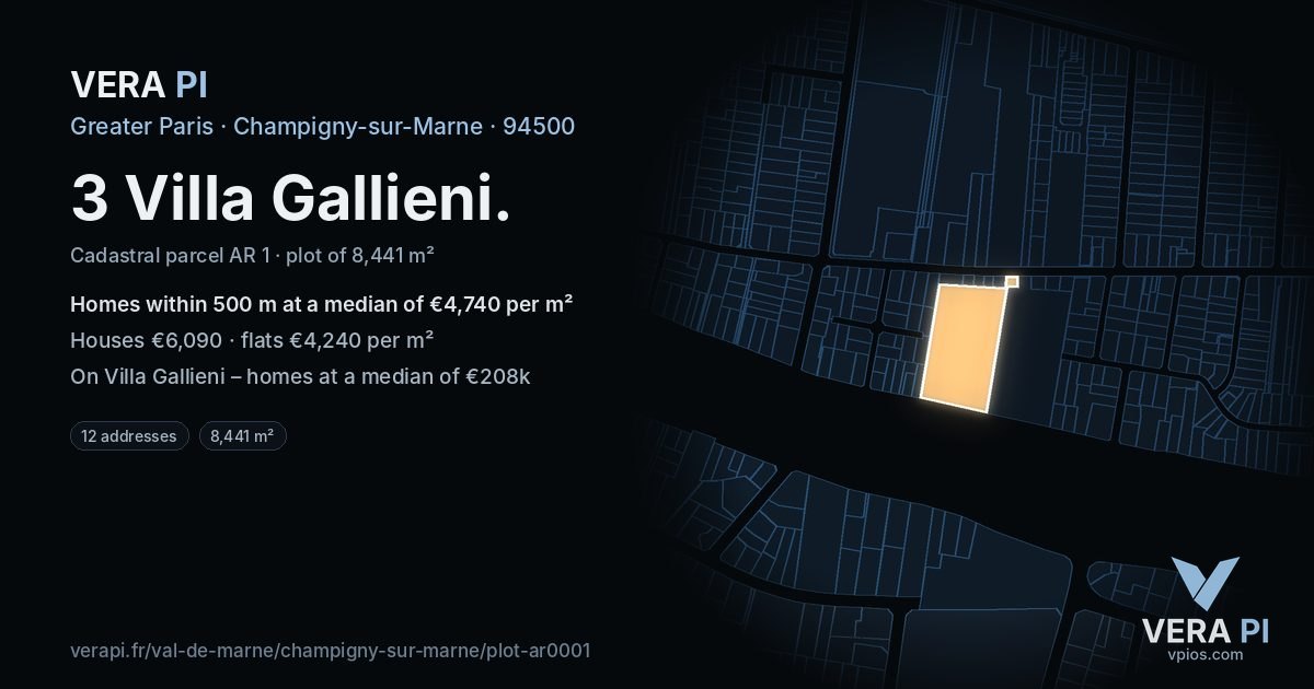 3 Villa Gallieni, Champigny-sur-Marne at night – the plot lit, the parcels around coloured by the prices near them