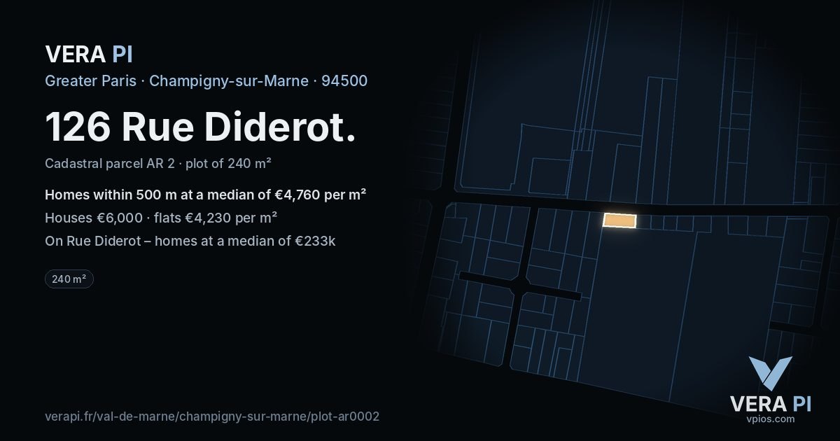 126 Rue Diderot, Champigny-sur-Marne at night – the plot lit, the parcels around coloured by the prices near them