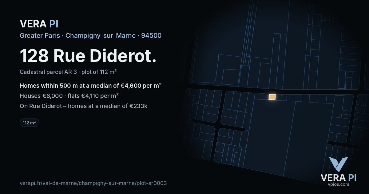 128 Rue Diderot, Champigny-sur-Marne at night – the plot lit, the parcels around coloured by the prices near them