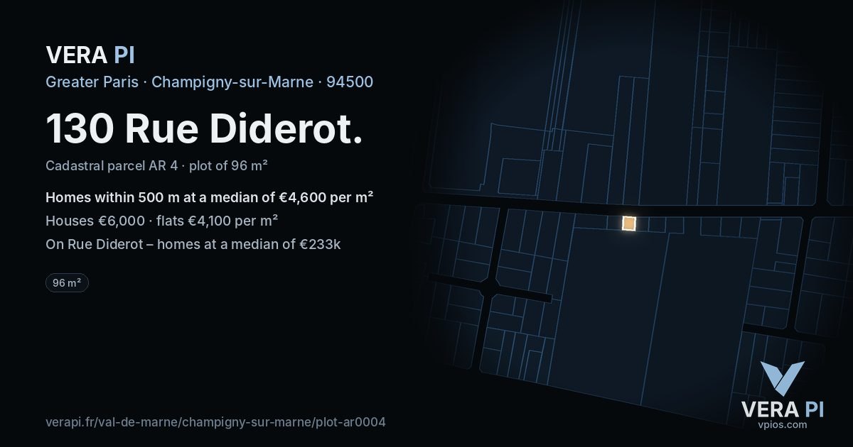 130 Rue Diderot, Champigny-sur-Marne at night – the plot lit, the parcels around coloured by the prices near them