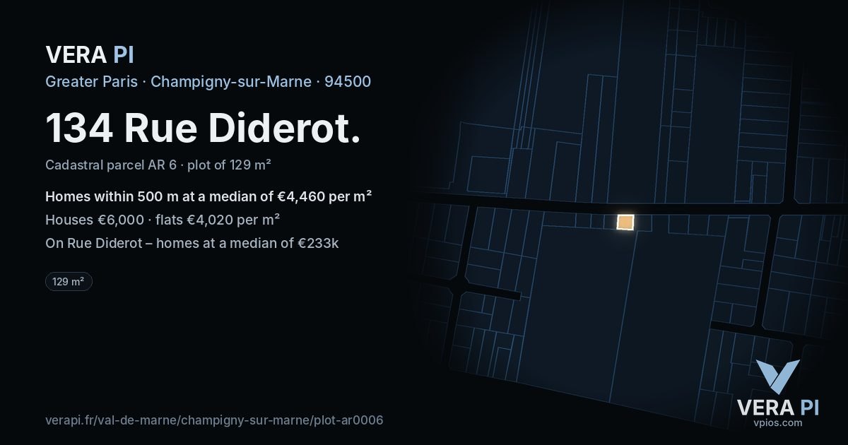 134 Rue Diderot, Champigny-sur-Marne at night – the plot lit, the parcels around coloured by the prices near them
