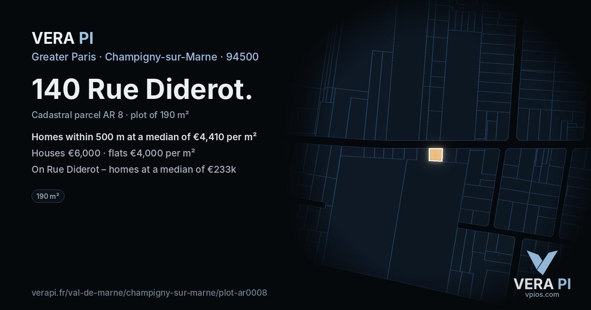 140 Rue Diderot, Champigny-sur-Marne at night – the plot lit, the parcels around coloured by the prices near them