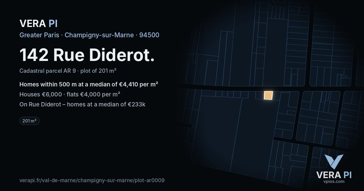 142 Rue Diderot, Champigny-sur-Marne at night – the plot lit, the parcels around coloured by the prices near them