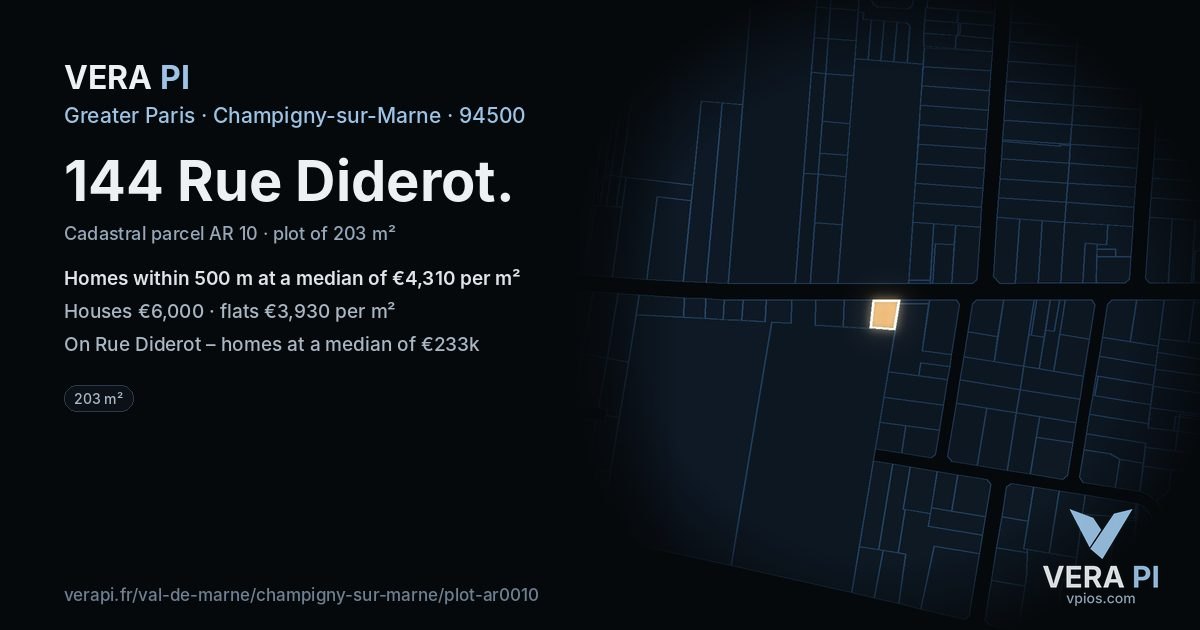 144 Rue Diderot, Champigny-sur-Marne at night – the plot lit, the parcels around coloured by the prices near them