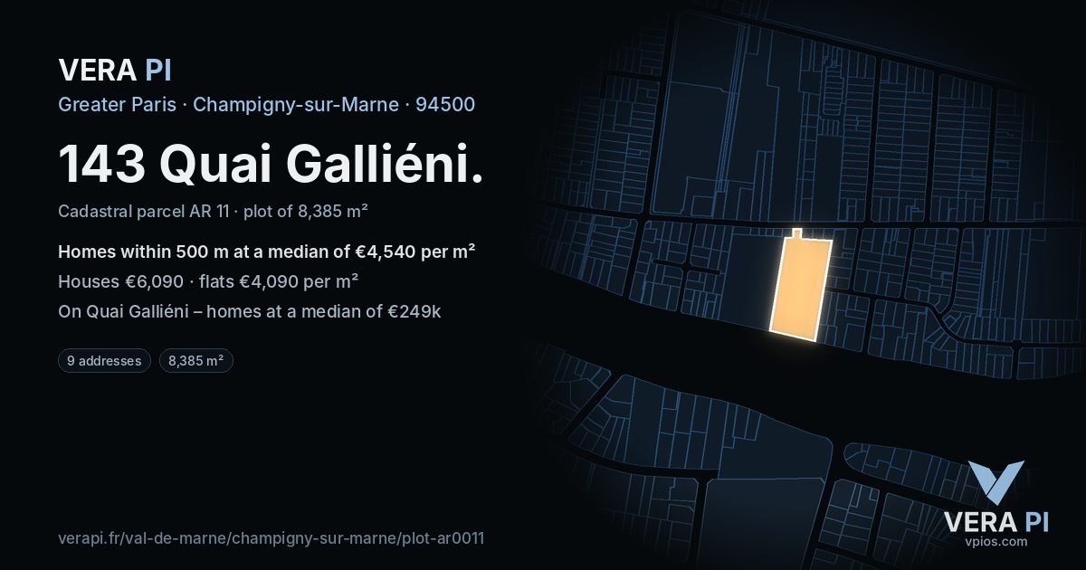 143 Quai Galliéni, Champigny-sur-Marne at night – the plot lit, the parcels around coloured by the prices near them