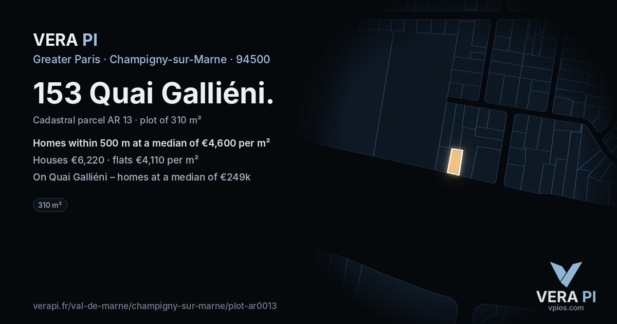 153 Quai Galliéni, Champigny-sur-Marne at night – the plot lit, the parcels around coloured by the prices near them