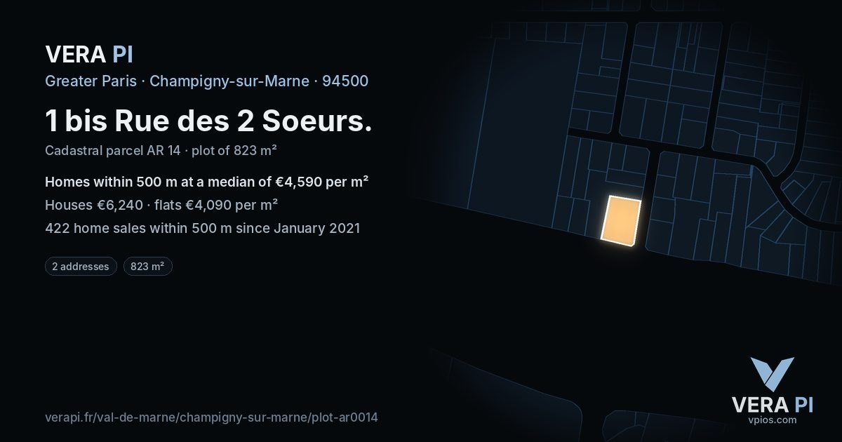 1 bis Rue des 2 Soeurs, Champigny-sur-Marne at night – the plot lit, the parcels around coloured by the prices near them