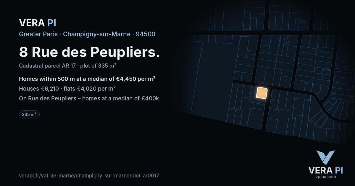 8 Rue des Peupliers, Champigny-sur-Marne at night – the plot lit, the parcels around coloured by the prices near them
