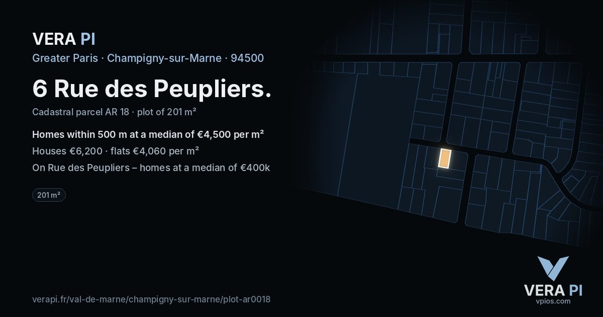 6 Rue des Peupliers, Champigny-sur-Marne at night – the plot lit, the parcels around coloured by the prices near them