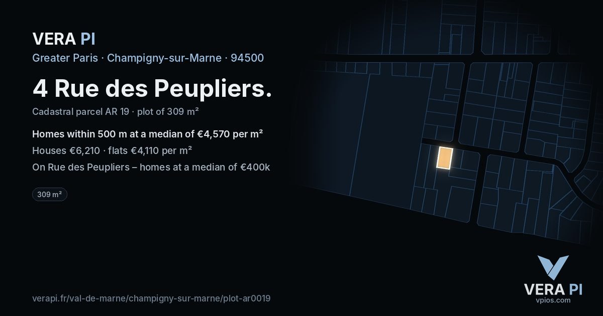 4 Rue des Peupliers, Champigny-sur-Marne at night – the plot lit, the parcels around coloured by the prices near them