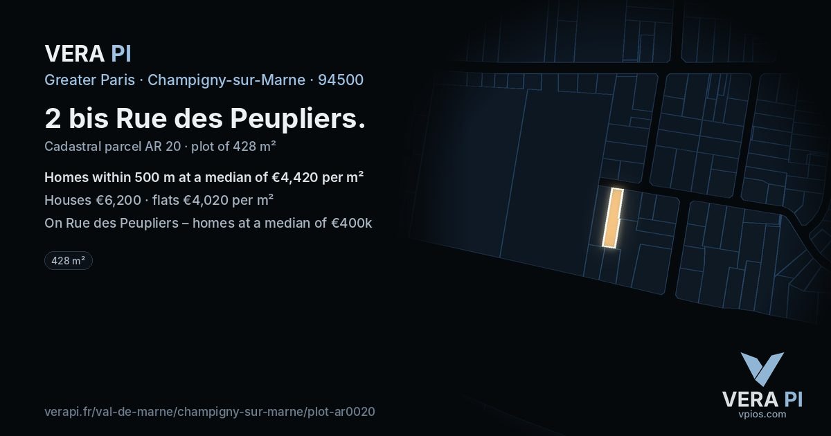 2 bis Rue des Peupliers, Champigny-sur-Marne at night – the plot lit, the parcels around coloured by the prices near them
