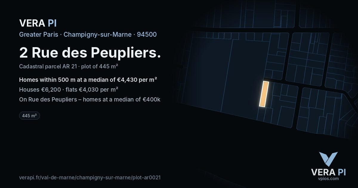 2 Rue des Peupliers, Champigny-sur-Marne at night – the plot lit, the parcels around coloured by the prices near them