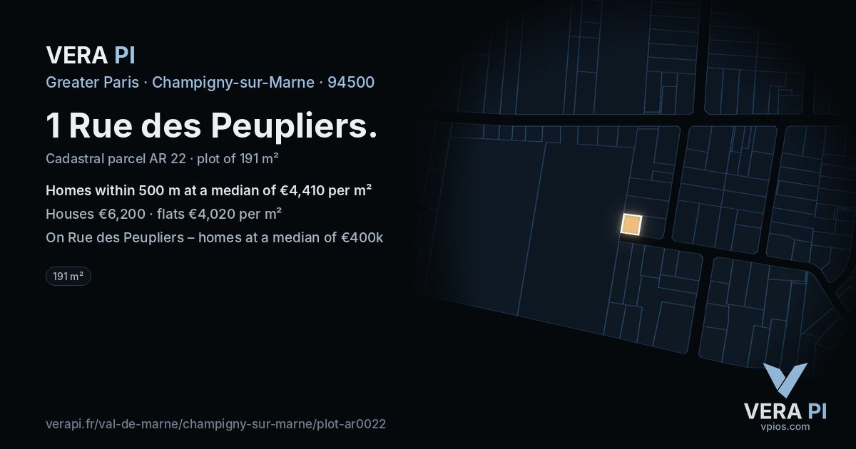 1 Rue des Peupliers, Champigny-sur-Marne at night – the plot lit, the parcels around coloured by the prices near them
