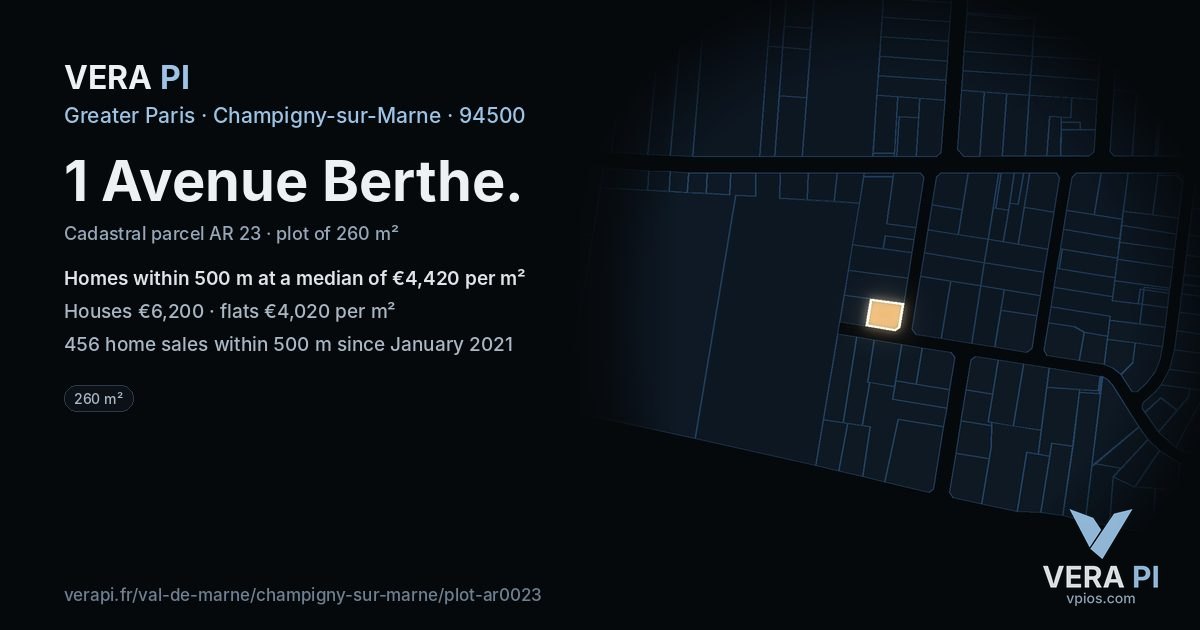 1 Avenue Berthe, Champigny-sur-Marne at night – the plot lit, the parcels around coloured by the prices near them