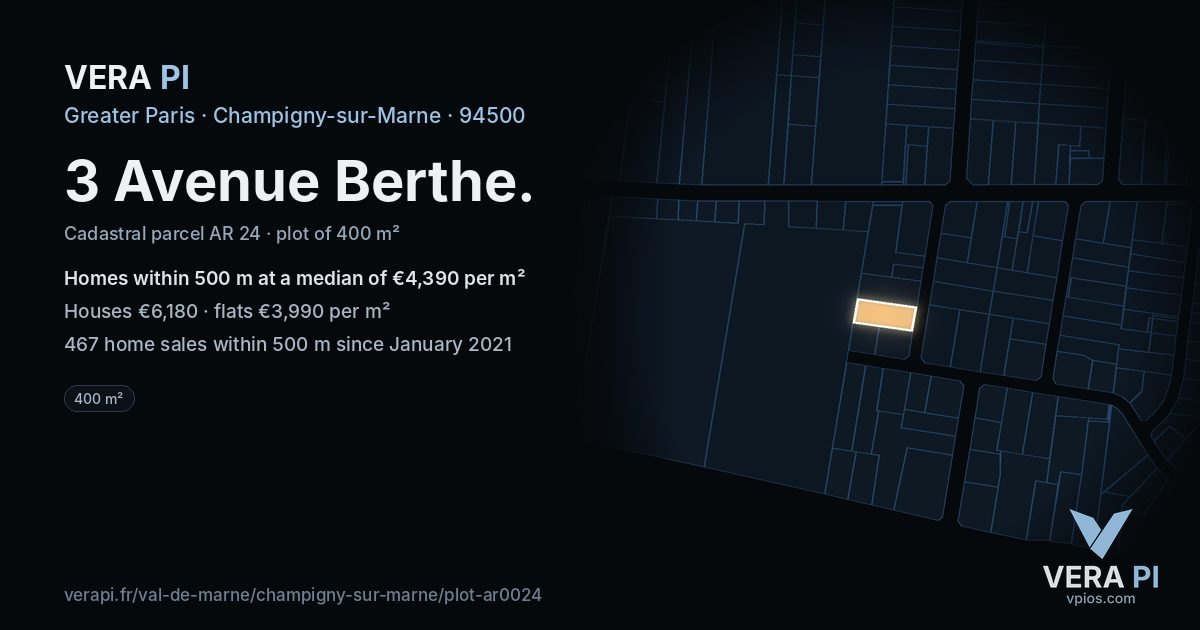 3 Avenue Berthe, Champigny-sur-Marne at night – the plot lit, the parcels around coloured by the prices near them