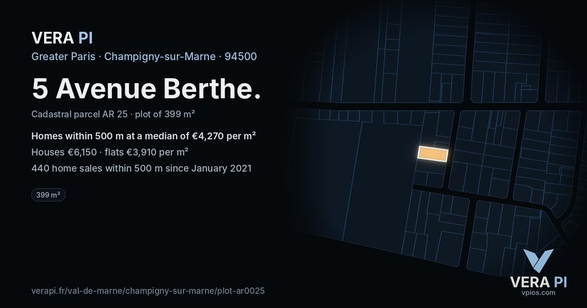 5 Avenue Berthe, Champigny-sur-Marne at night – the plot lit, the parcels around coloured by the prices near them