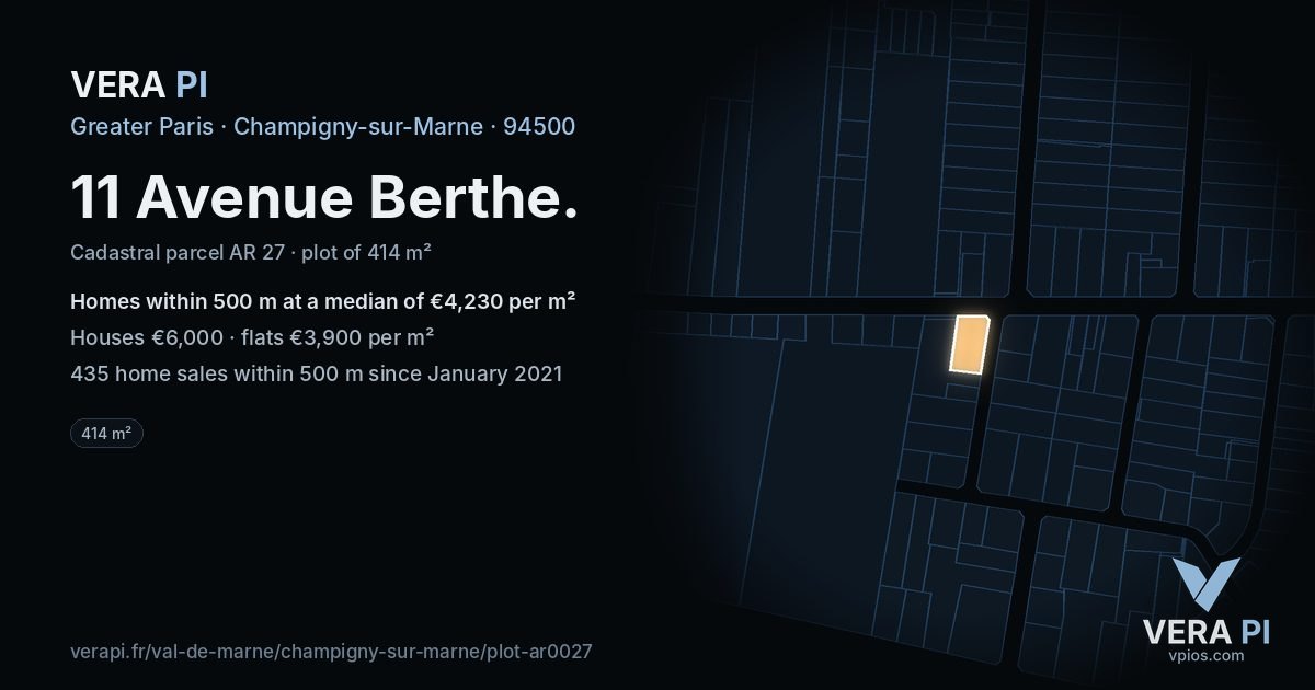 11 Avenue Berthe, Champigny-sur-Marne at night – the plot lit, the parcels around coloured by the prices near them