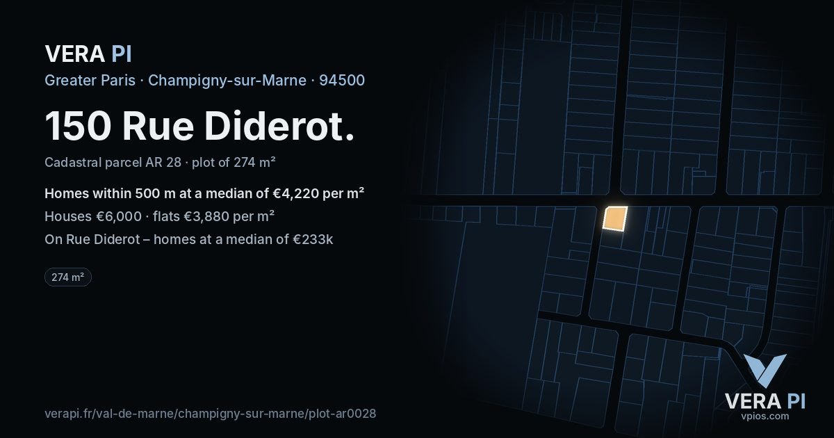 150 Rue Diderot, Champigny-sur-Marne at night – the plot lit, the parcels around coloured by the prices near them