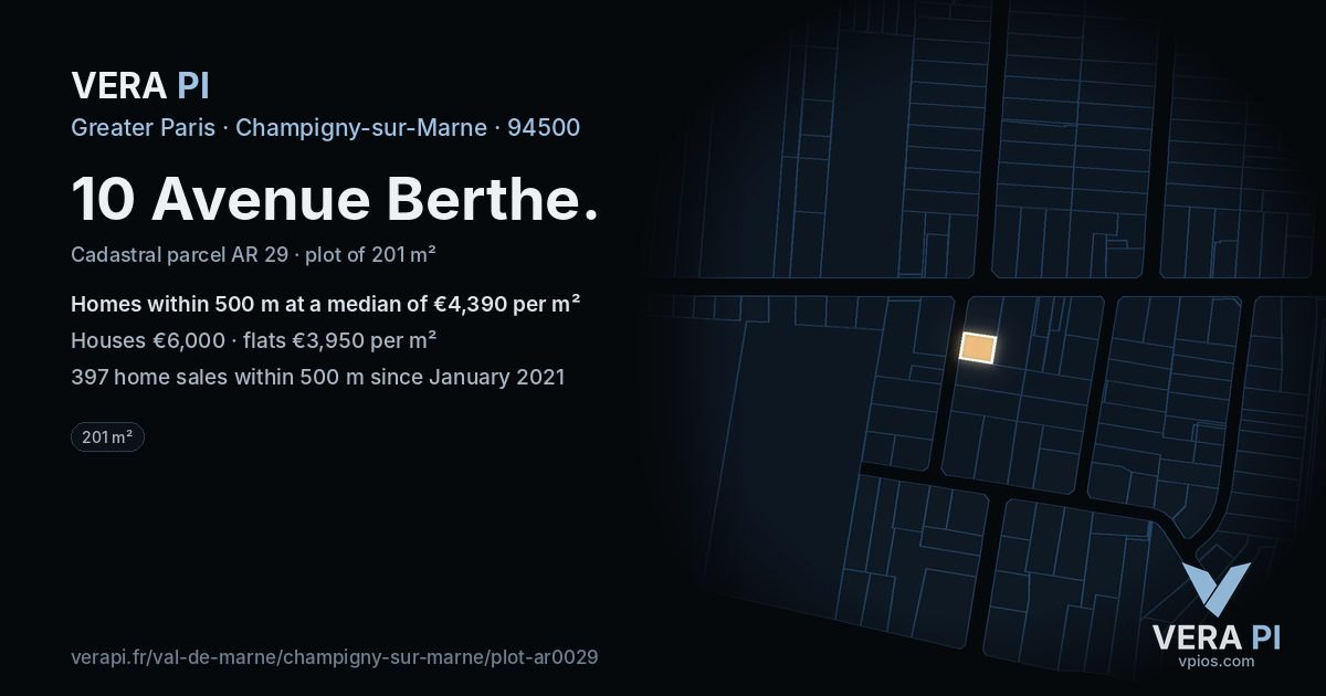 10 Avenue Berthe, Champigny-sur-Marne at night – the plot lit, the parcels around coloured by the prices near them