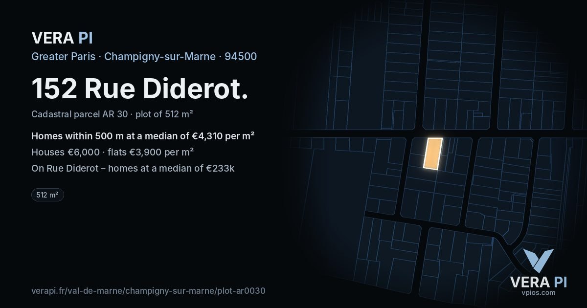 152 Rue Diderot, Champigny-sur-Marne at night – the plot lit, the parcels around coloured by the prices near them