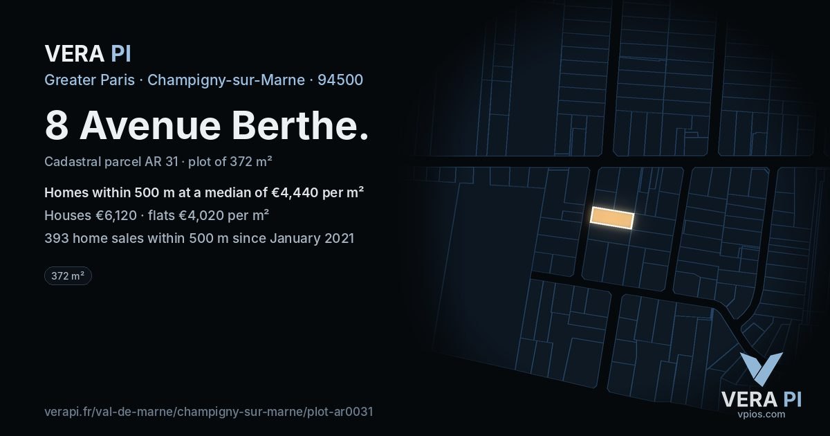 8 Avenue Berthe, Champigny-sur-Marne at night – the plot lit, the parcels around coloured by the prices near them