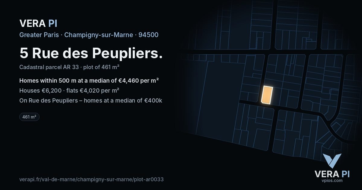 5 Rue des Peupliers, Champigny-sur-Marne at night – the plot lit, the parcels around coloured by the prices near them
