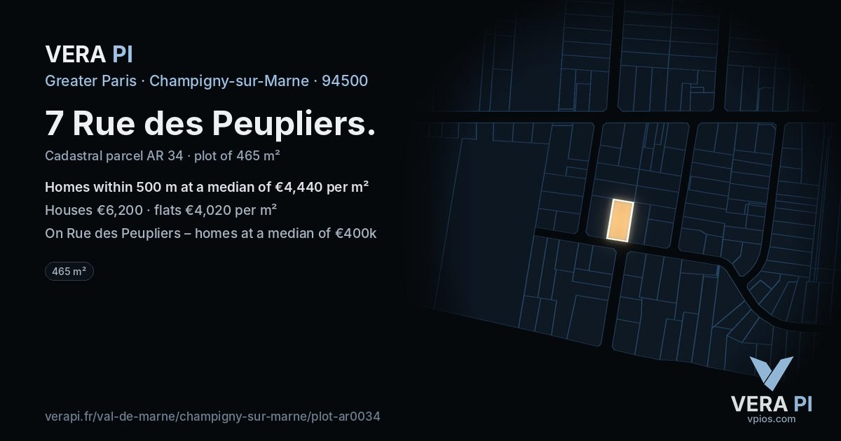 7 Rue des Peupliers, Champigny-sur-Marne at night – the plot lit, the parcels around coloured by the prices near them
