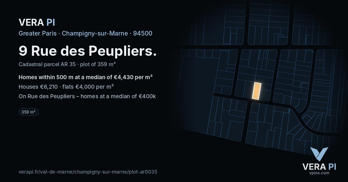 9 Rue des Peupliers, Champigny-sur-Marne at night – the plot lit, the parcels around coloured by the prices near them