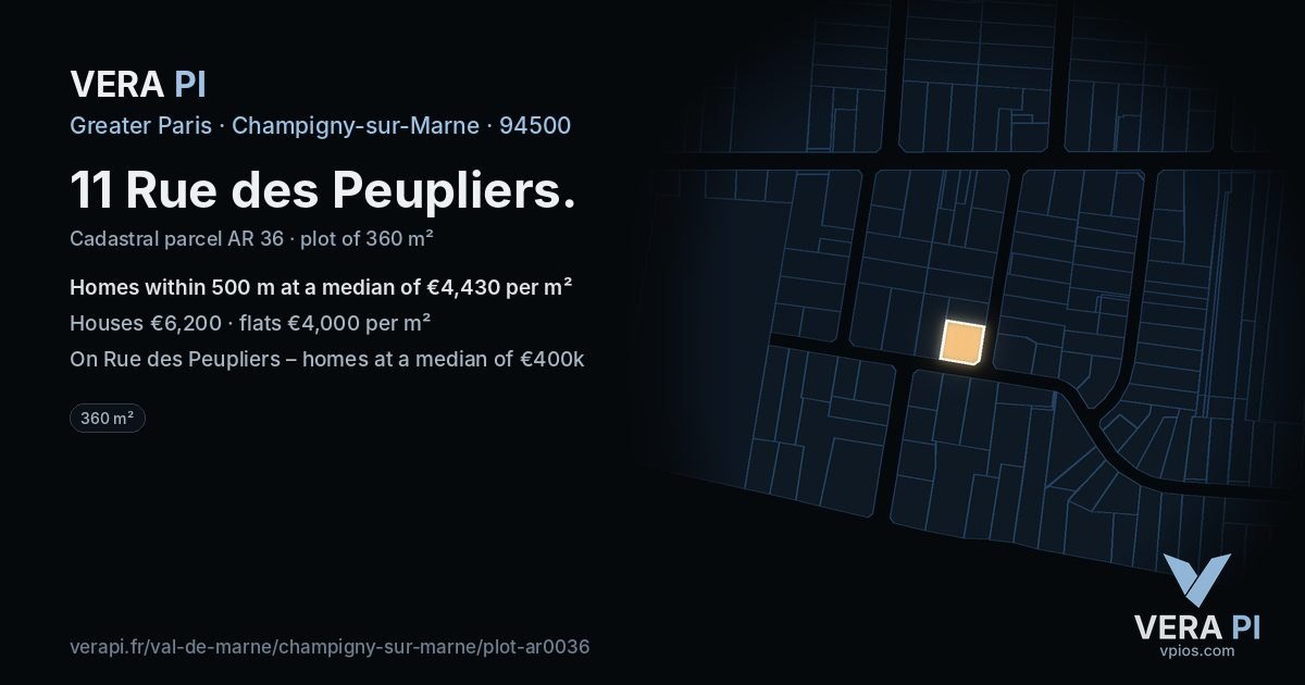 11 Rue des Peupliers, Champigny-sur-Marne at night – the plot lit, the parcels around coloured by the prices near them