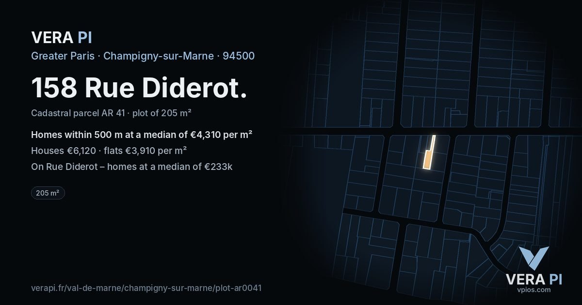 158 Rue Diderot, Champigny-sur-Marne at night – the plot lit, the parcels around coloured by the prices near them