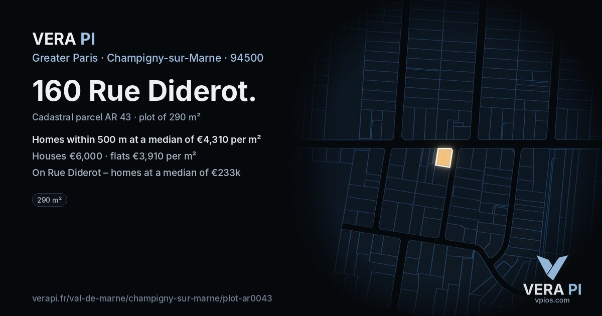 160 Rue Diderot, Champigny-sur-Marne at night – the plot lit, the parcels around coloured by the prices near them