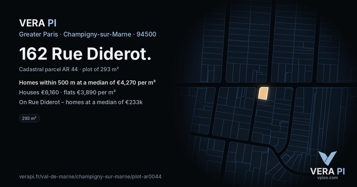 162 Rue Diderot, Champigny-sur-Marne at night – the plot lit, the parcels around coloured by the prices near them