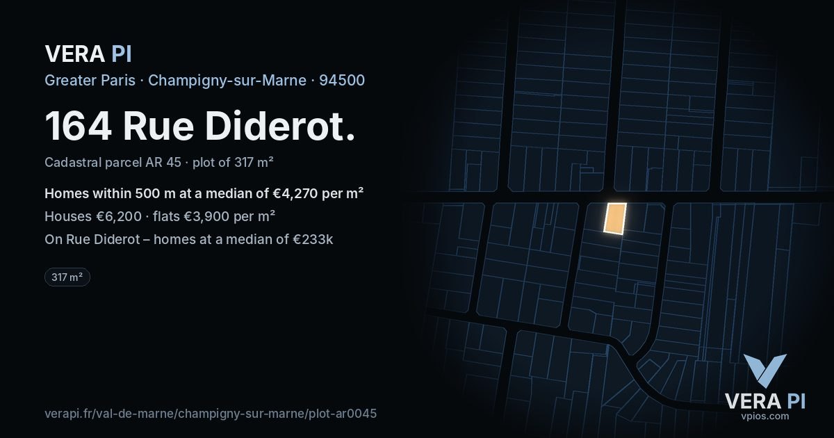164 Rue Diderot, Champigny-sur-Marne at night – the plot lit, the parcels around coloured by the prices near them