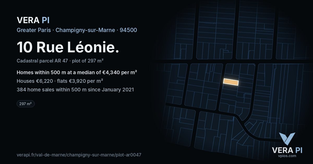10 Rue Léonie, Champigny-sur-Marne at night – the plot lit, the parcels around coloured by the prices near them