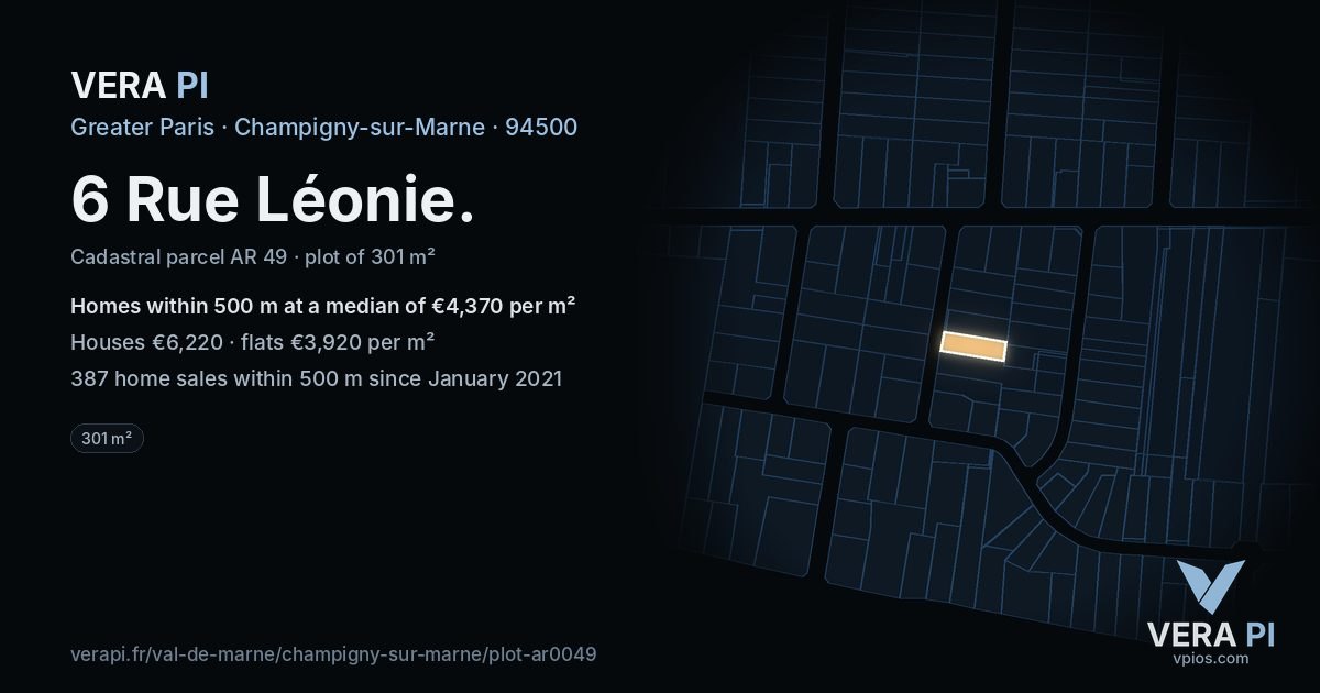 6 Rue Léonie, Champigny-sur-Marne at night – the plot lit, the parcels around coloured by the prices near them