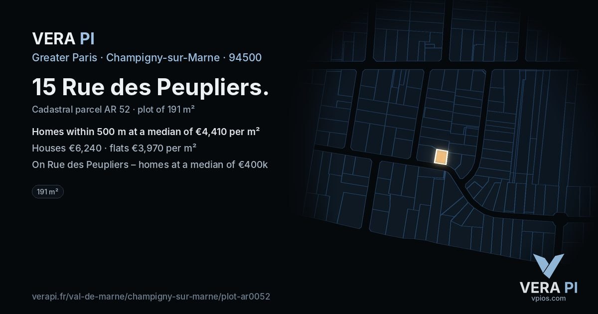 15 Rue des Peupliers, Champigny-sur-Marne at night – the plot lit, the parcels around coloured by the prices near them