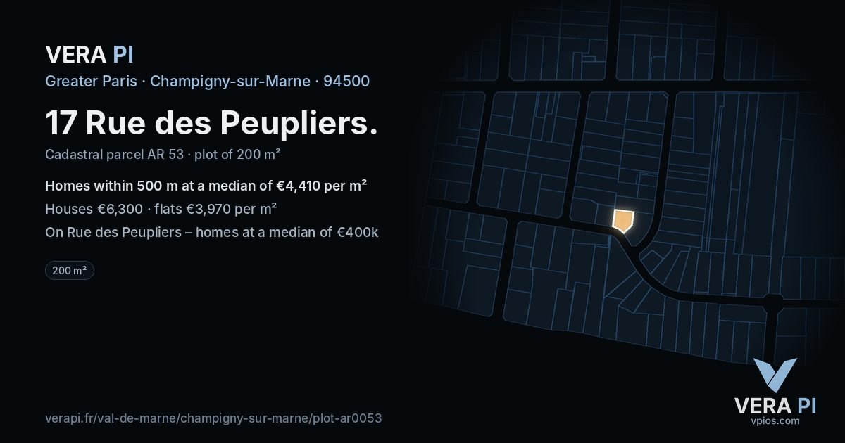 17 Rue des Peupliers, Champigny-sur-Marne at night – the plot lit, the parcels around coloured by the prices near them