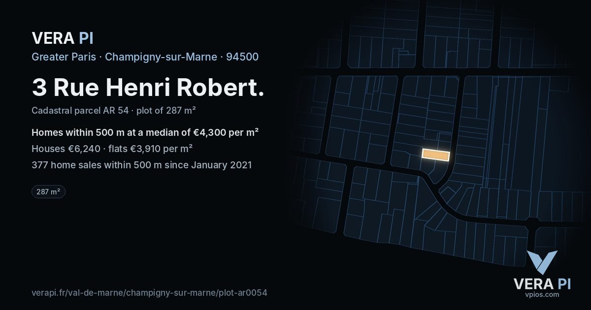 3 Rue Henri Robert, Champigny-sur-Marne at night – the plot lit, the parcels around coloured by the prices near them