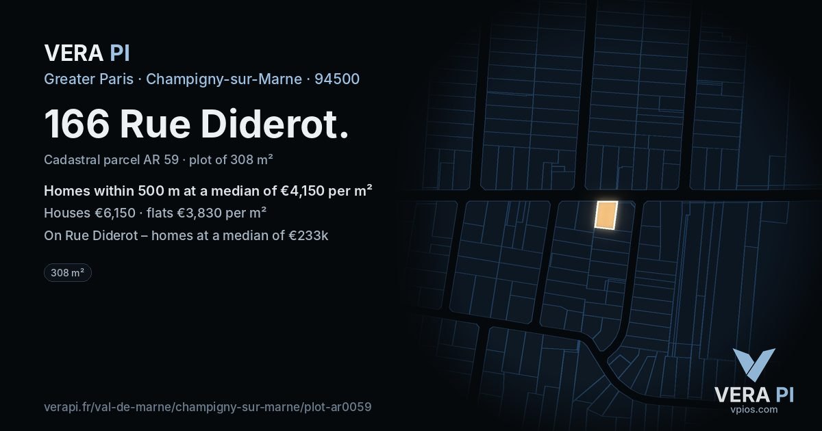 166 Rue Diderot, Champigny-sur-Marne at night – the plot lit, the parcels around coloured by the prices near them