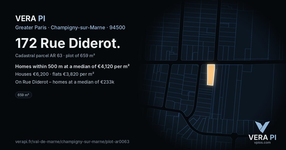 172 Rue Diderot, Champigny-sur-Marne at night – the plot lit, the parcels around coloured by the prices near them