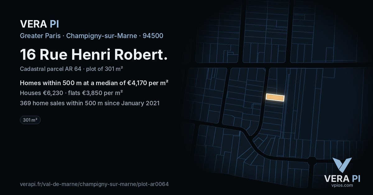 16 Rue Henri Robert, Champigny-sur-Marne at night – the plot lit, the parcels around coloured by the prices near them