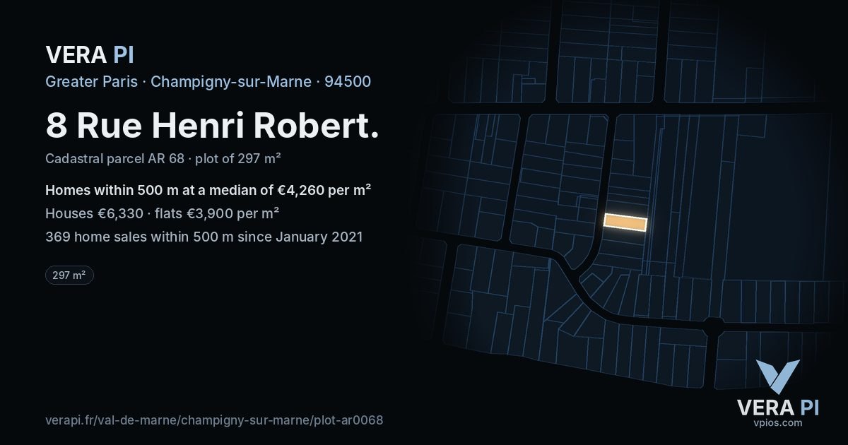 8 Rue Henri Robert, Champigny-sur-Marne at night – the plot lit, the parcels around coloured by the prices near them
