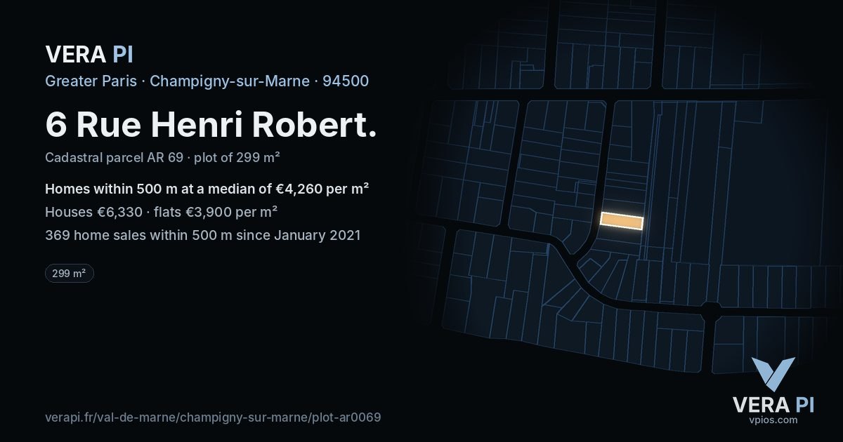 6 Rue Henri Robert, Champigny-sur-Marne at night – the plot lit, the parcels around coloured by the prices near them