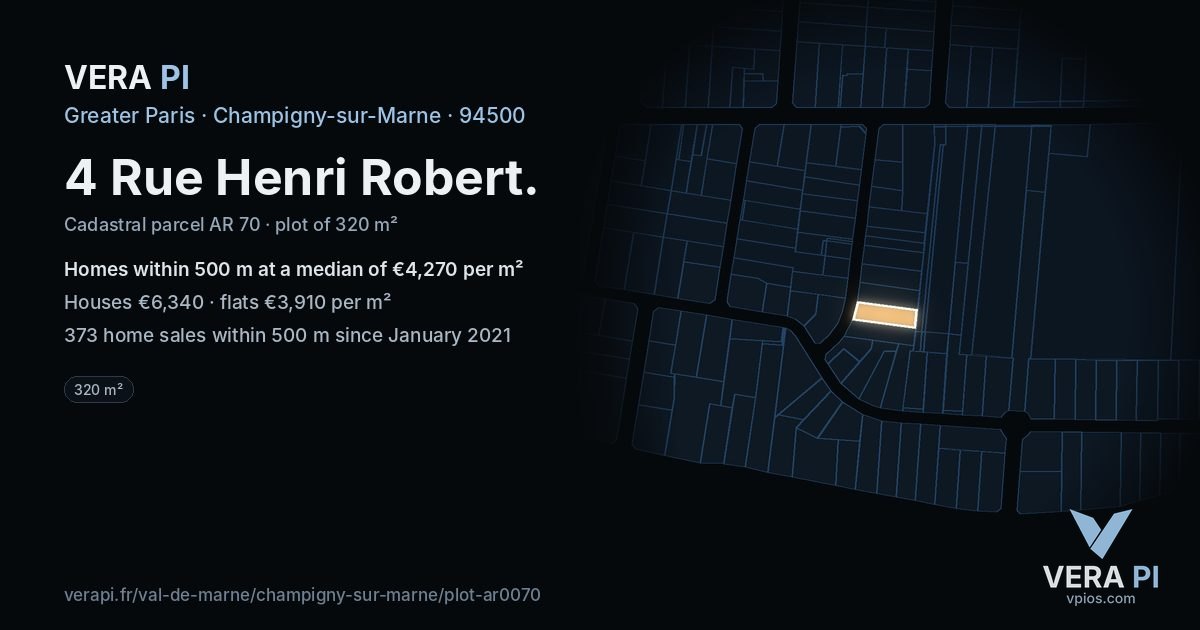 4 Rue Henri Robert, Champigny-sur-Marne at night – the plot lit, the parcels around coloured by the prices near them