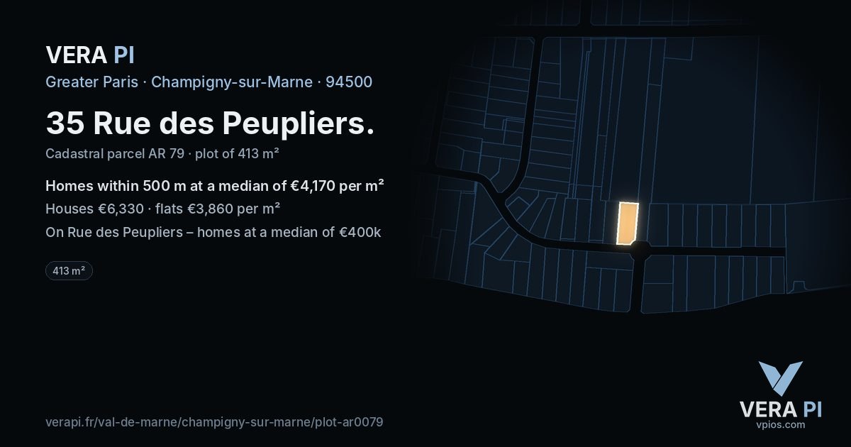 35 Rue des Peupliers, Champigny-sur-Marne at night – the plot lit, the parcels around coloured by the prices near them