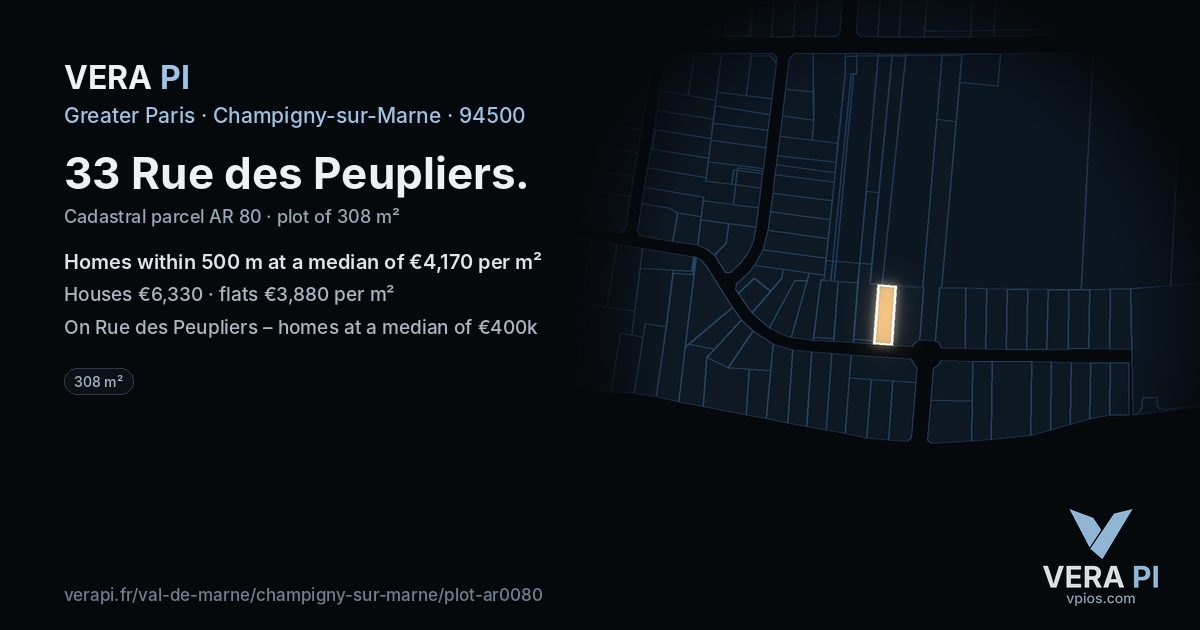 33 Rue des Peupliers, Champigny-sur-Marne at night – the plot lit, the parcels around coloured by the prices near them