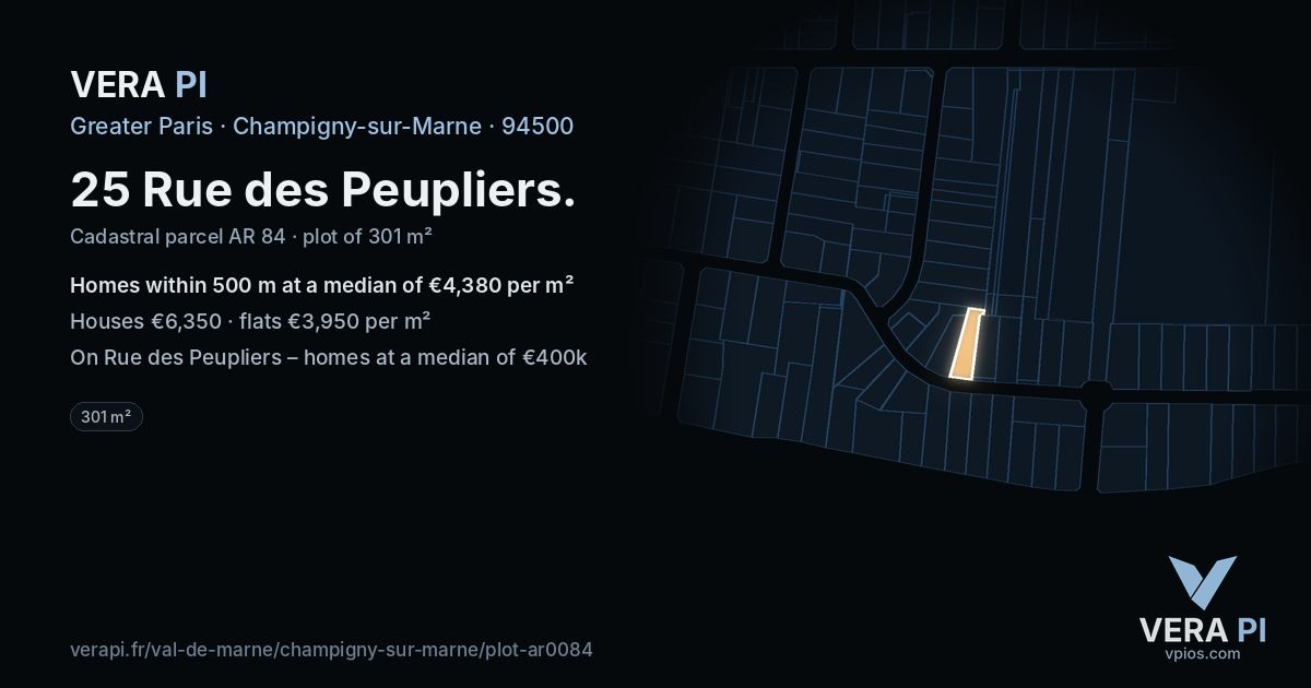 25 Rue des Peupliers, Champigny-sur-Marne at night – the plot lit, the parcels around coloured by the prices near them